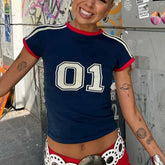 Çizgili Mavi İnce Yuvarlak Yaka Kısa Kollu Tİşört Zalle